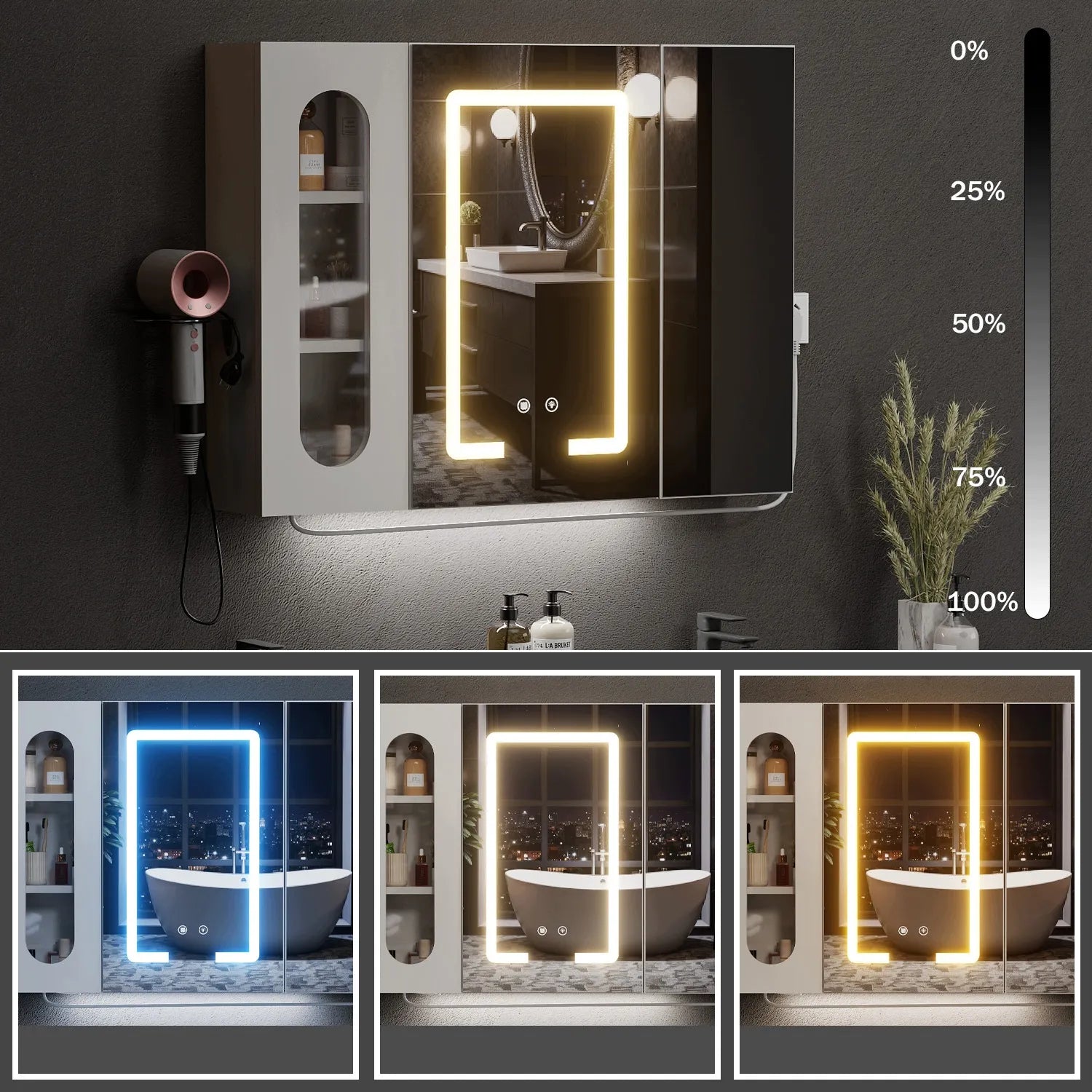 Vonios kambario spintelė su LED veidrodžiu 80x16x60 cm ANTI-FOG su lizdais