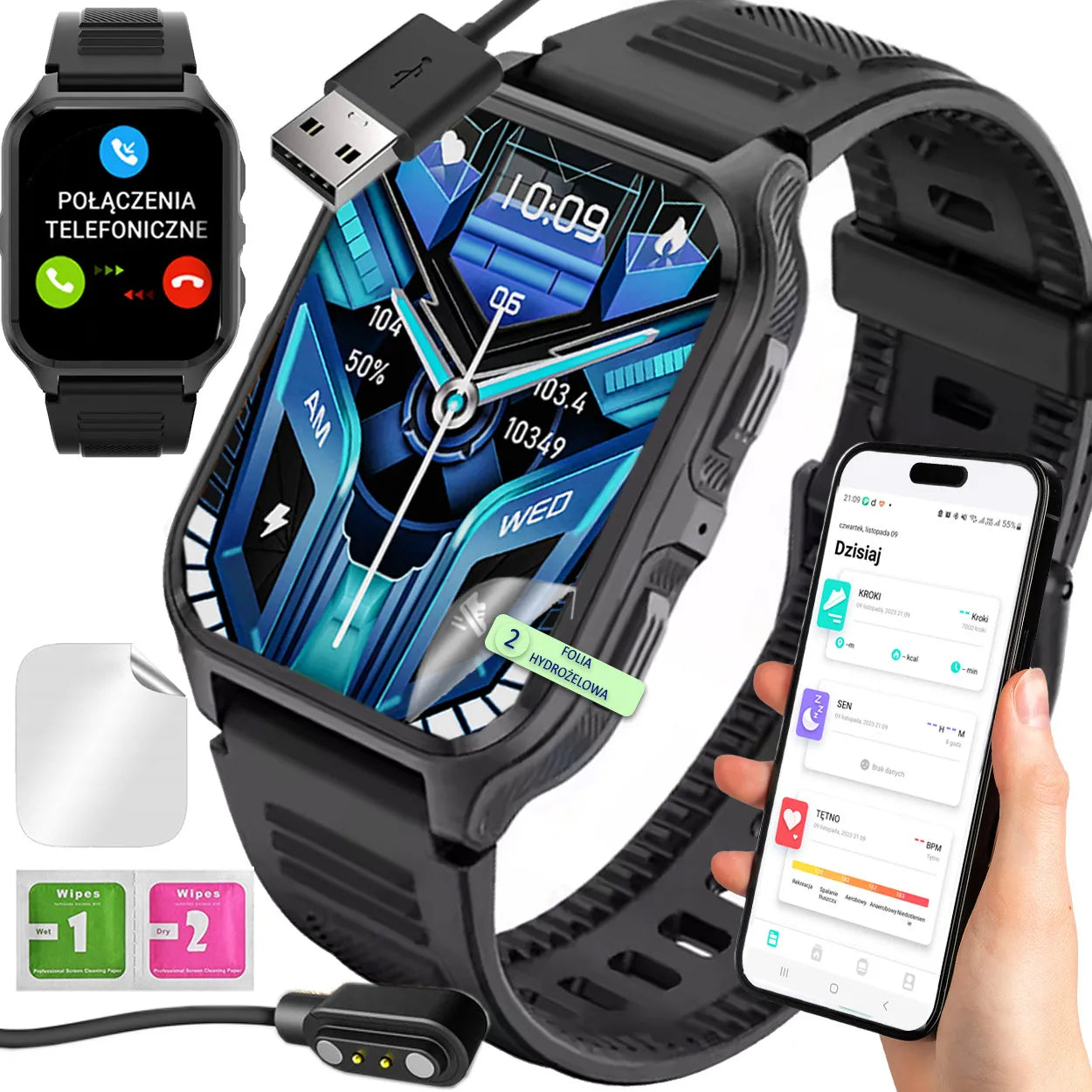 Vyriškas išmanusis laikrodis Smartwatch Pro, 300 mAh, Bluetooth skambučiai, lenkiškas meniu + ekrano plėvelė