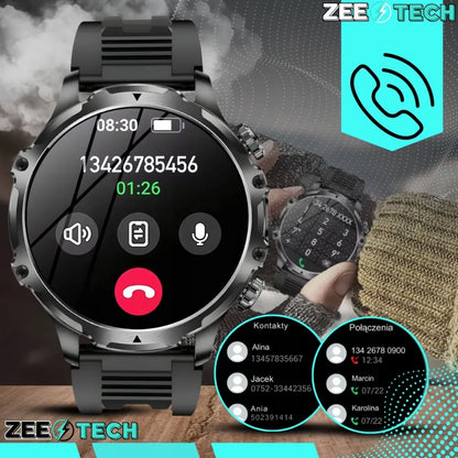 Vyriškas išmanusis laikrodis ZeeTech, skambučiai, lenkiškas meniu, didelis ekranas, apyrankė, žibintuvėlis