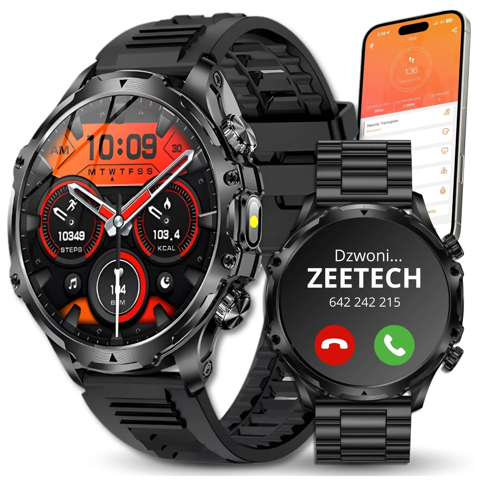 Vyriškas išmanusis laikrodis ZeeTech, skambučiai, lenkiškas meniu, didelis ekranas, apyrankė, žibintuvėlis