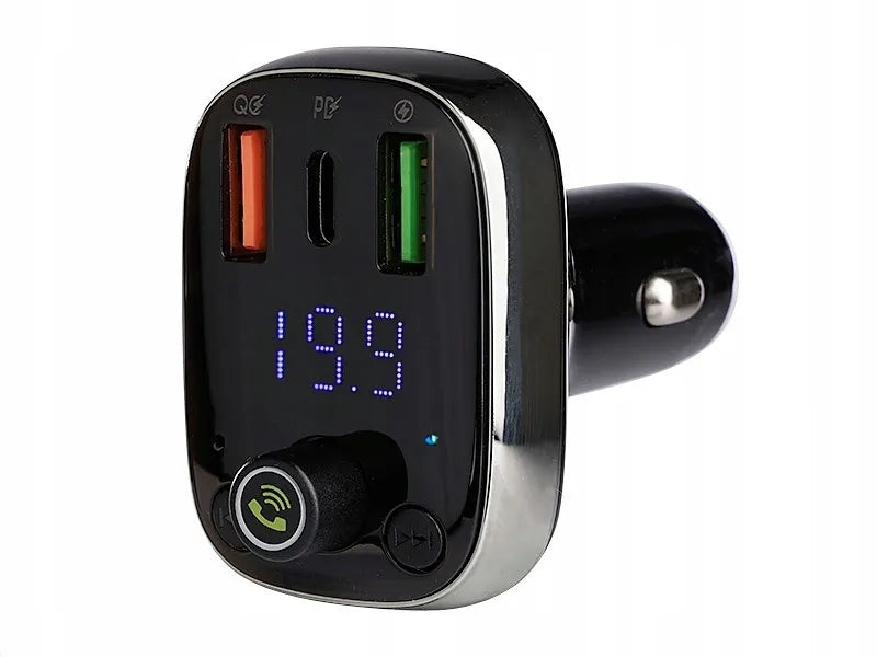 WAYME FM siųstuvas 12/24V su USB-C PD QC4.0+ Auto-ID, voltmetru ir laisvų rankų įranga