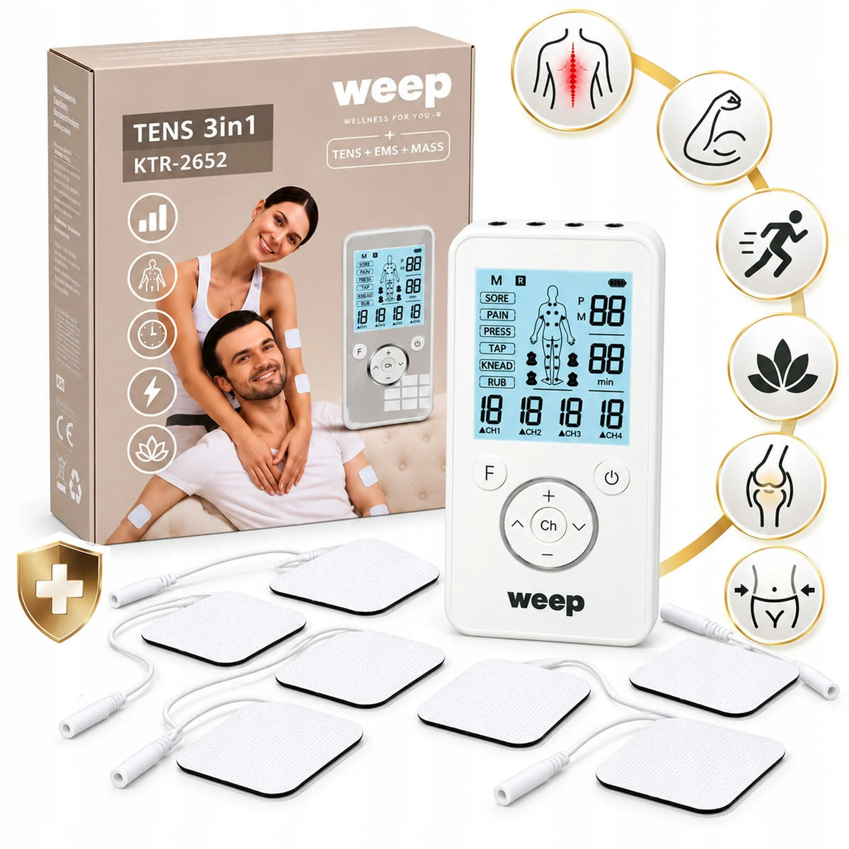 WEEP KTR-2652 medicininis TENS/EMS raumenų ir nervų elektrostimuliatorius, masažuoklis, 4 kanalų, 8 elektrodai