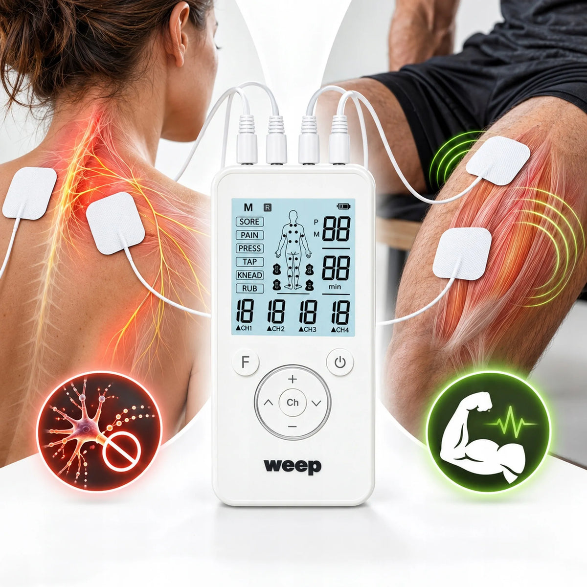 WEEP KTR-2652 medicininis TENS/EMS raumenų ir nervų elektrostimuliatorius, masažuoklis, 4 kanalų, 8 elektrodai