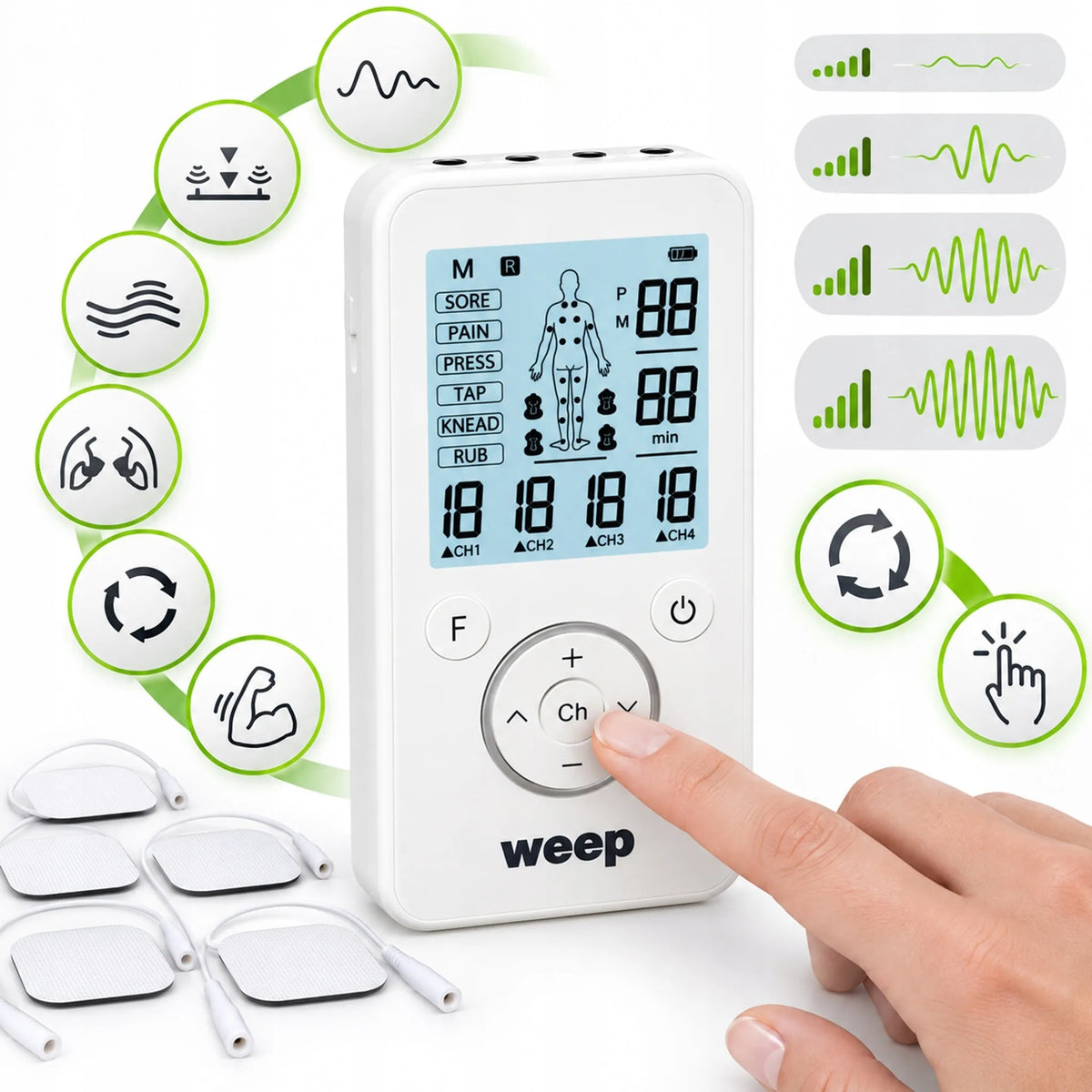 WEEP KTR-2652 medicininis TENS/EMS raumenų ir nervų elektrostimuliatorius, masažuoklis, 4 kanalų, 8 elektrodai