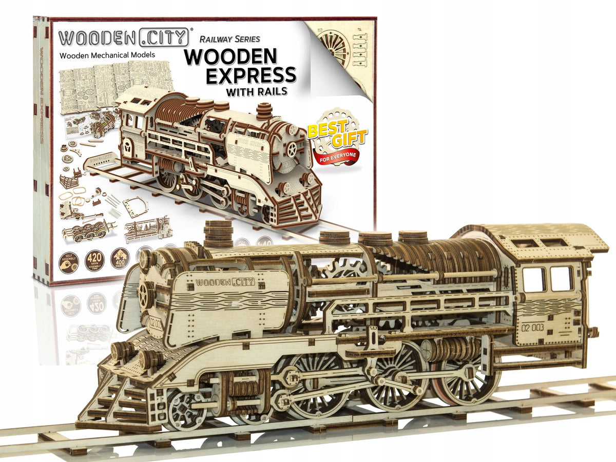 Wooden.City medinis mechaninis lokomotyvos modelis, 3D dėlionė, modeliavimas