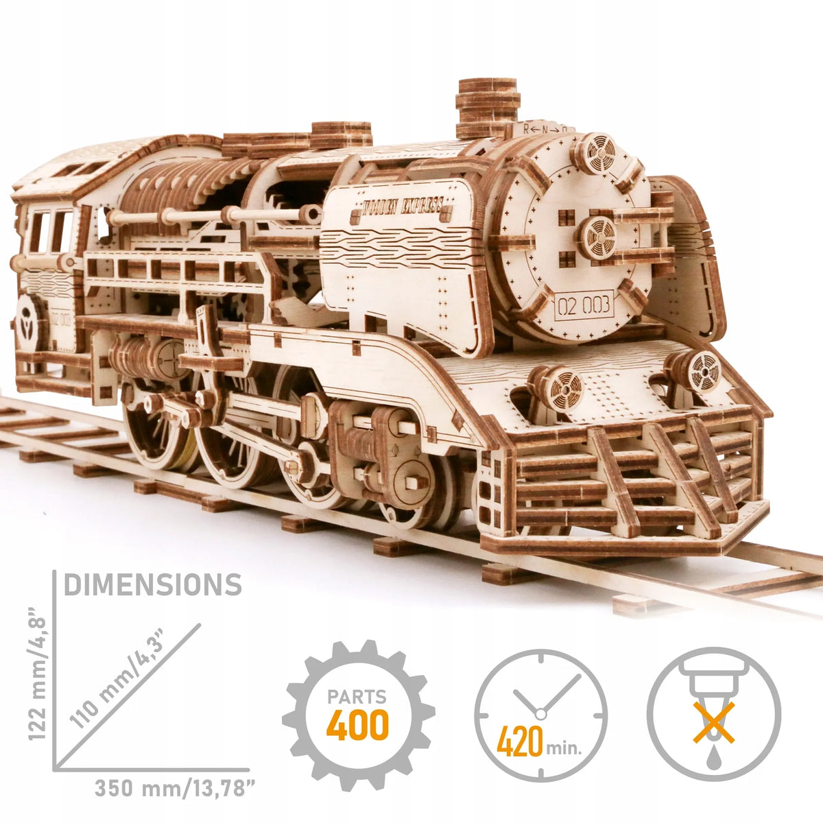 Wooden.City medinis mechaninis lokomotyvos modelis, 3D dėlionė, modeliavimas