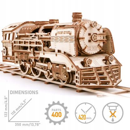 Wooden.City medinis mechaninis lokomotyvos modelis, 3D dėlionė, modeliavimas
