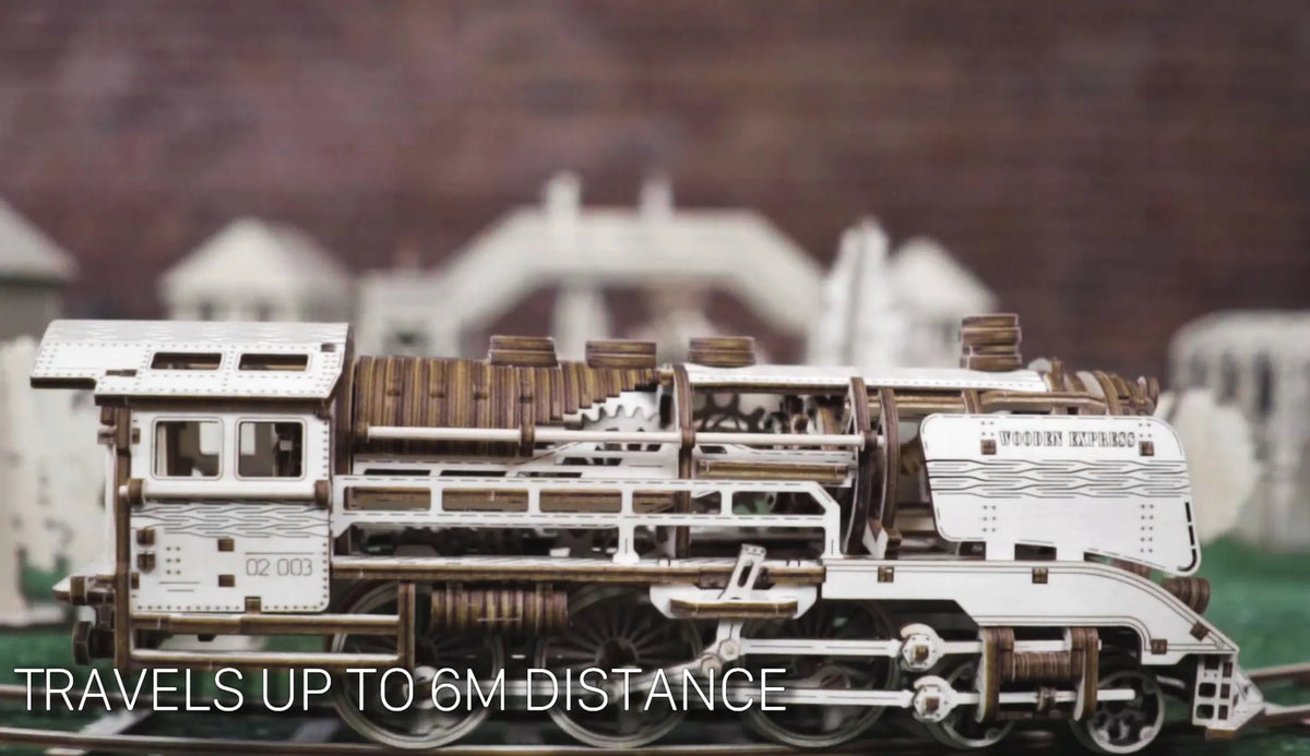 Wooden.City medinis mechaninis lokomotyvos modelis, 3D dėlionė, modeliavimas