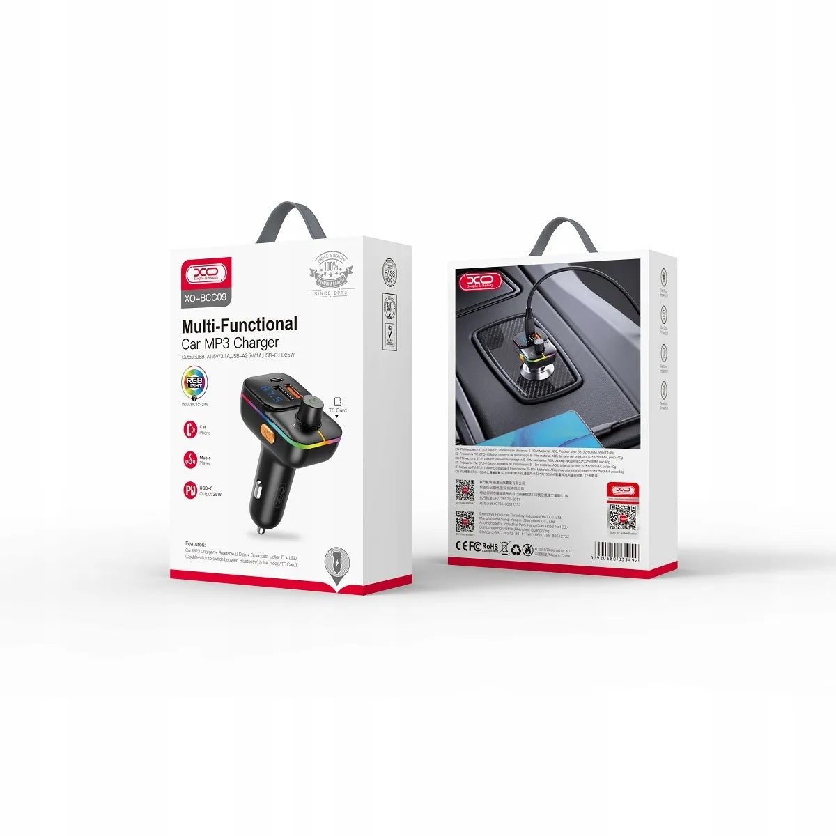 XO FM Bluetooth siųstuvas automobilinis įkroviklis 25W juodas + kabelio rinkinys