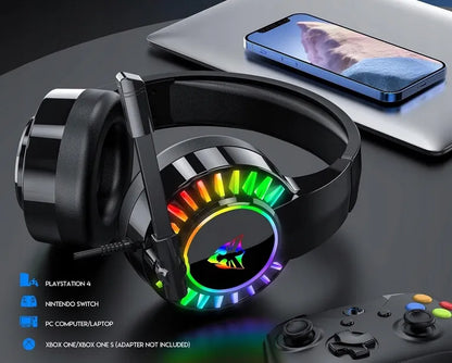 Žaidimų ausinės su mikrofonu, RGB LED apšvietimu, skirtos PC, PS4, PS5 ir Xbox