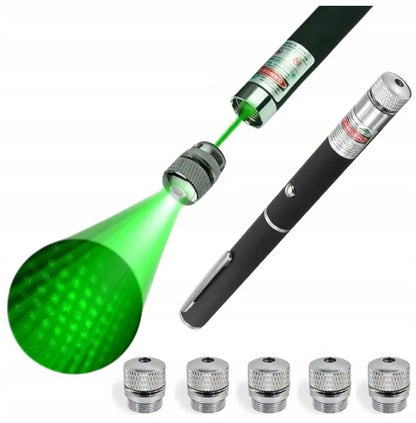 Žalias lazerinis rodyklėlis su stipriu spinduliu, baterijomis ir 5 „Disco“ galvutėmis