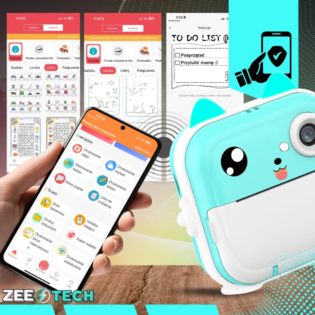 „ZeeTech Drukuś“ rožinis momentinis fotoaparatas vaikams ir mini spausdintuvas, 11 ritinėlių, lipdukai