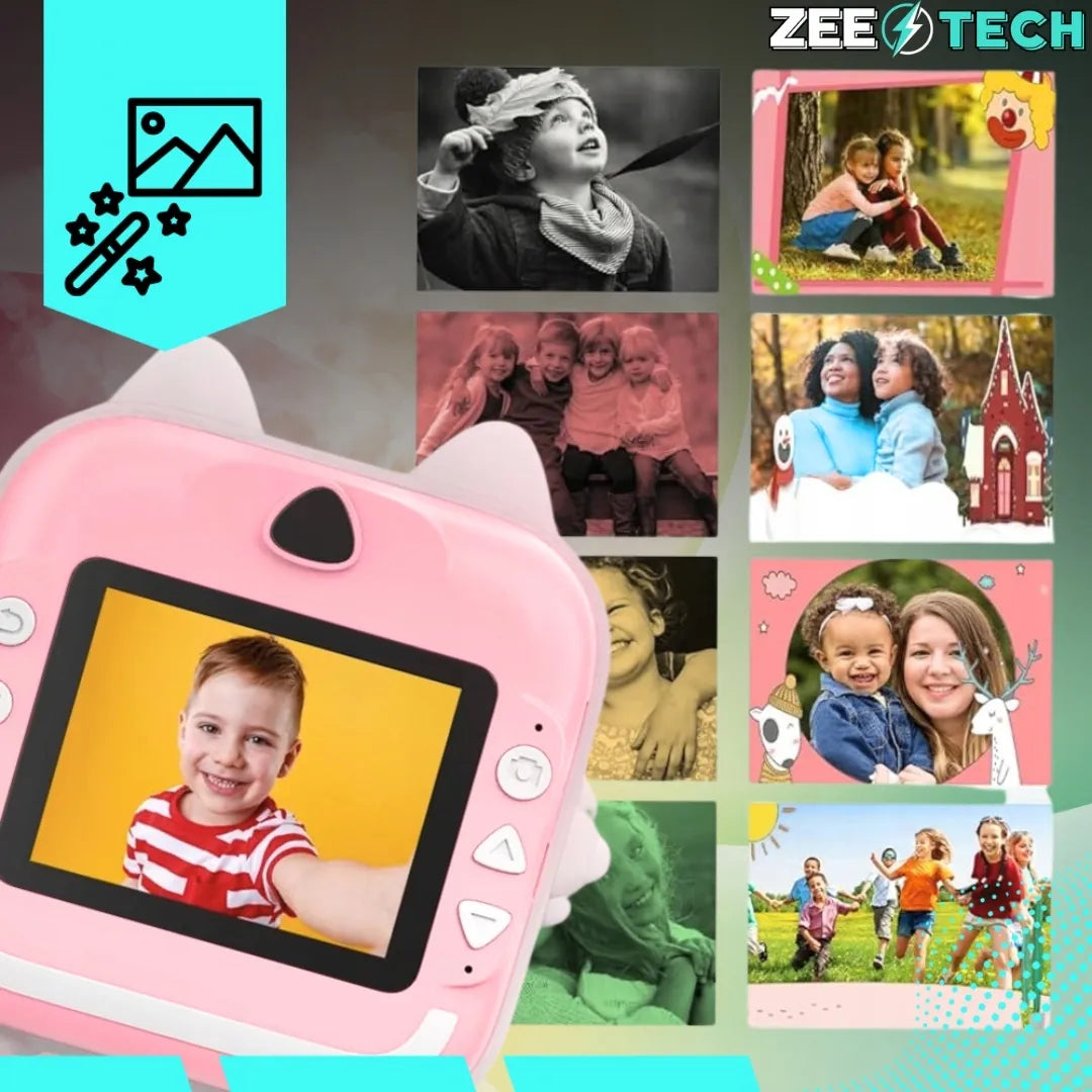 „ZeeTech Drukuś“ rožinis momentinis fotoaparatas vaikams ir mini spausdintuvas, 11 ritinėlių, lipdukai