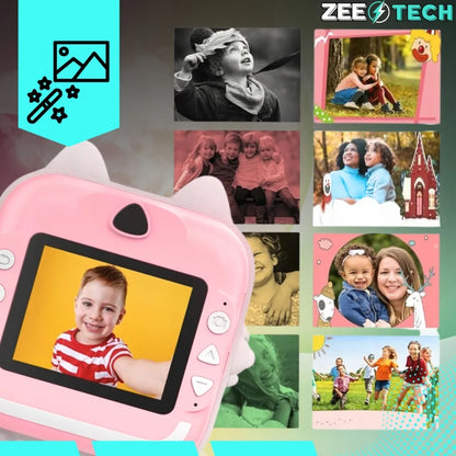„ZeeTech Drukuś“ rožinis momentinis fotoaparatas vaikams ir mini spausdintuvas, 11 ritinėlių, lipdukai