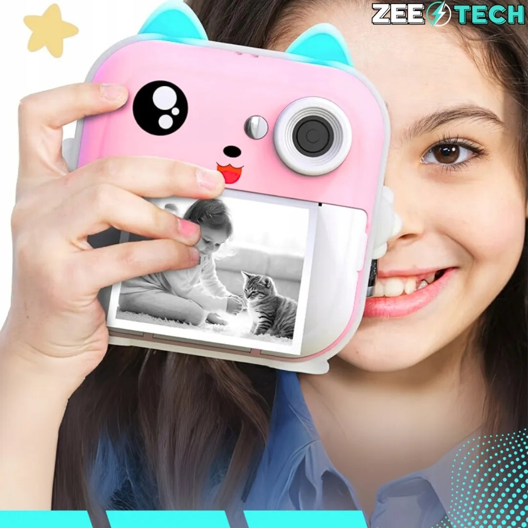 „ZeeTech Drukuś“ rožinis momentinis fotoaparatas vaikams ir mini spausdintuvas, 11 ritinėlių, lipdukai
