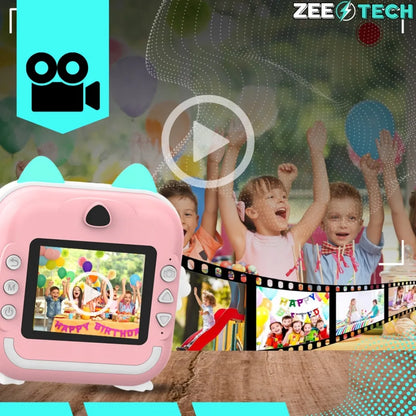 „ZeeTech Drukuś“ rožinis momentinis fotoaparatas vaikams ir mini spausdintuvas, 11 ritinėlių, lipdukai