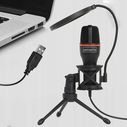 „Zenwire ME4“ kondensatorinis USB-C mikrofonas kompiuteriui ir nešiojamajam kompiuteriui, su stovu ir RGB apšvietimu