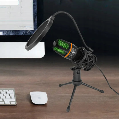„Zenwire ME4“ kondensatorinis USB-C mikrofonas kompiuteriui ir nešiojamajam kompiuteriui, su stovu ir RGB apšvietimu