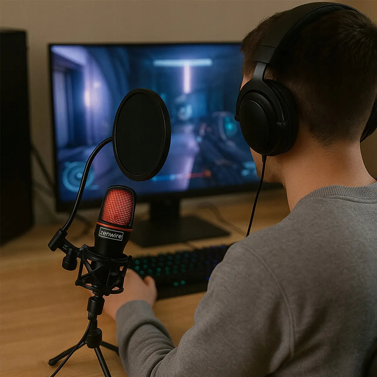 „Zenwire ME4“ kondensatorinis USB-C mikrofonas kompiuteriui ir nešiojamajam kompiuteriui, su stovu ir RGB apšvietimu