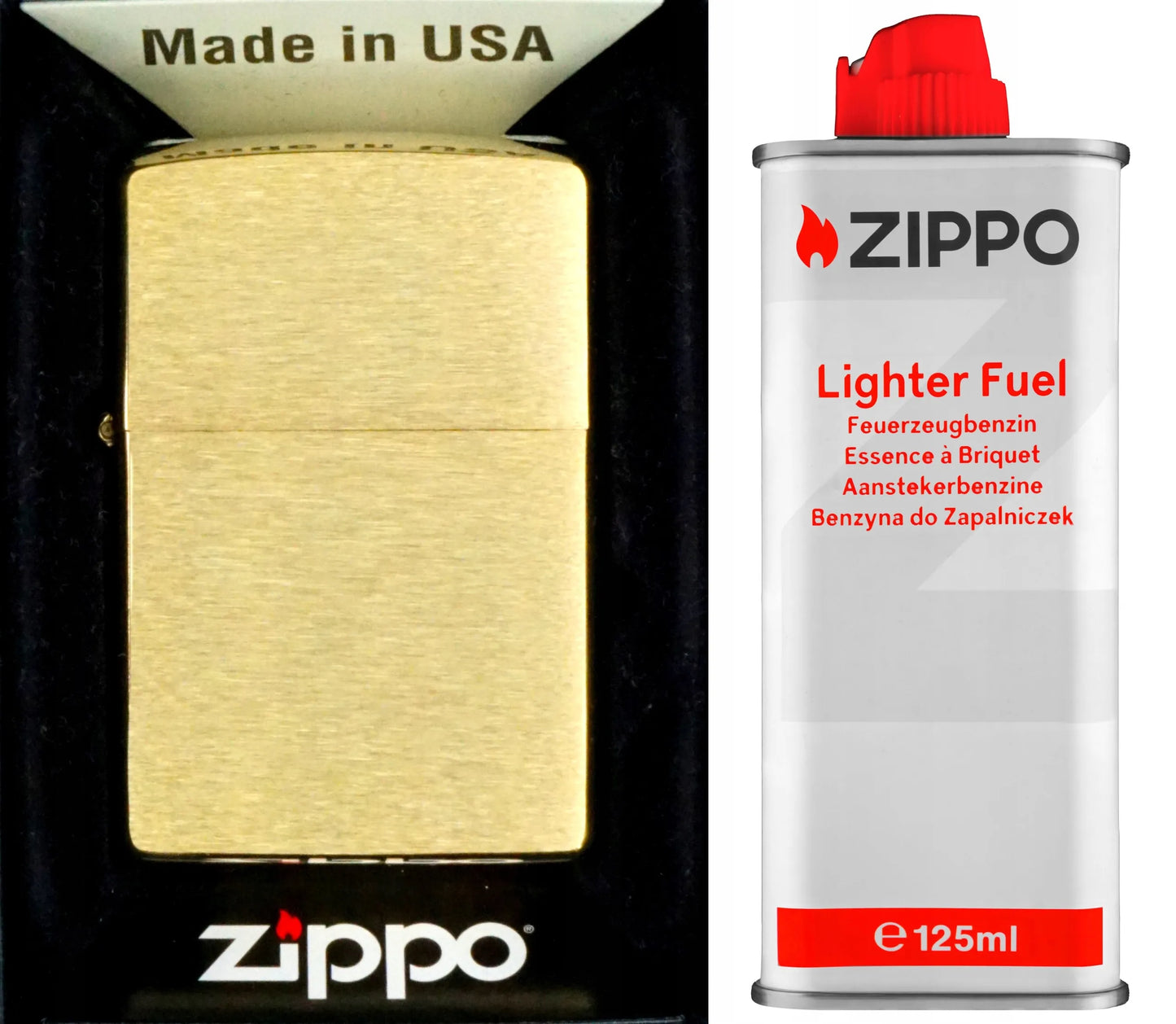 ZIPPO rinkinys: „BRASS BRUSHED“ žiebtuvėlis + 125 ml benzino